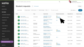 The Student requests page. There are a number of students with a variety of opportunities. Some have forms that need to be completed or missing participants. The cursor is clicking the Missing participants link next to a student request.